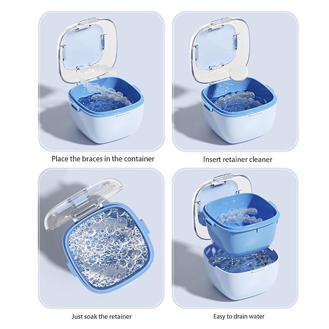Retainer Holder Case - Denture Cleaning Cup For Mouth Guard | ABS PP Material With Strainer Basket Function, Portable Container Feature, For Dentures, Jewelry, Travel, Bathroom