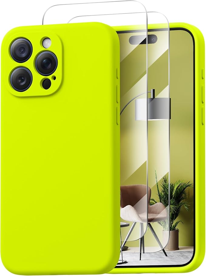Magnetic for iPhone 15 Pro Case, Compatible with MagSafe, with 9H Nano Screen Protectors, Full Camera Protection, Silicone Shockproof Microfiber Lining Phone Case 6.1", Fluorescent Green