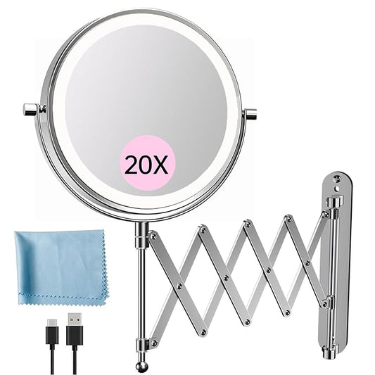 Rechargeable Wall Mounted Makeup Mirror - 8 Inch Double Sided 1X/20X Magnifying Mirror with 3 Color Lights Dimmable Touch Screen, 360°Swivel 19.6 Inch Extendable Accordion Bathroom Mirror