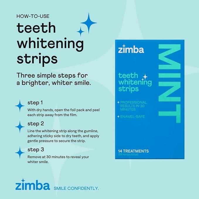 Zimba Mint & Peppermint Teeth Whitening Strips for Teeth Sensitive, White Strips for Teeth Whitening, Teeth Whitener Stain Remover 28 White Strips Included Per Pack, 2 Pack (14 Day Treatment)