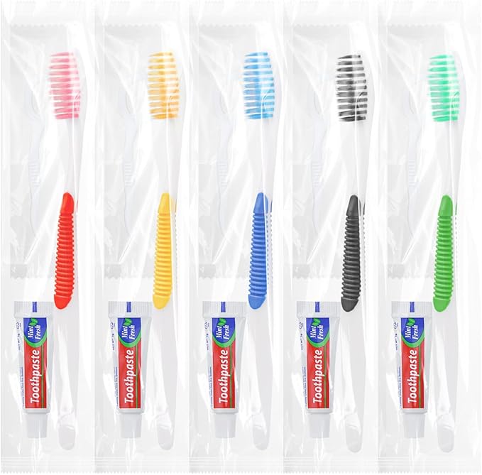 HAIFOTRVA Disposable Toothbrushes with Toothpaste and Floss,200pcs Single Use Individually Wrapped Disposable Travel Toothbrushes and Dental Floss Kit Bulk for Homeless,Airbnb,Dentist,Hotel(5 Colors)