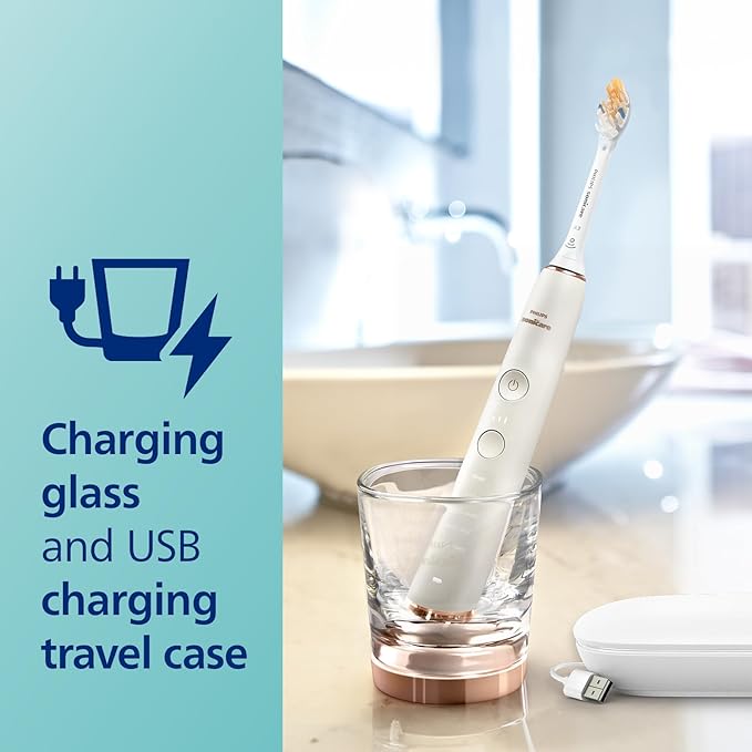 Philips Sonicare DiamondClean Smart 9750 Electric Toothbrush, Sonic Toothbrush with App, Pressure Sensor, Brush Head Detection, 5 Brushing Modes and 3 Intensity Levels, Rosegold, HX9924/67