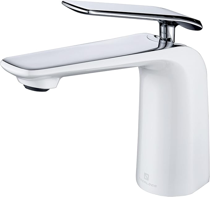 TOCALOCA White and Polished Chrome Bathroom Sink Faucet Single Handle 1 Hole Vanity Sink Faucet Cold and Hot Water Mixer Tap, Single Lever Lavatory Faucet