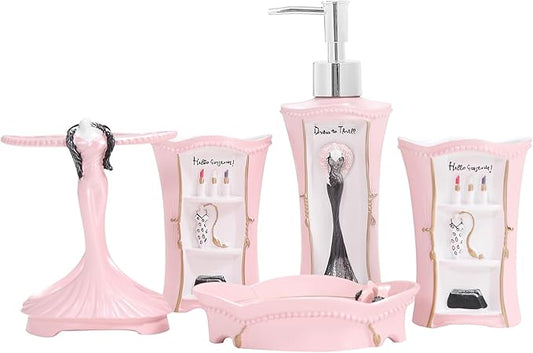 Pink Bathroom Accessories Set 5 Pcs - Soap Dispenser, Toothbrush Holder, Bathroom Tumbler, Soap Dish, Pink Bathroom Decor