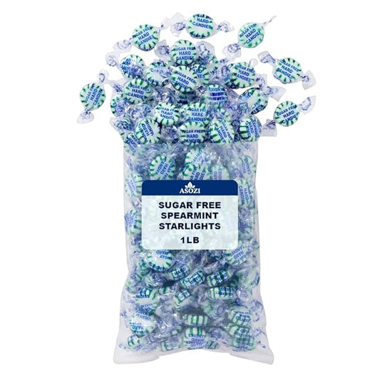 Sugar Free Spearmint Starlights - 1lb Bulk, Sugarless Mints Candy, Guilt-free Hard Candy - Ideal for Diabetics, Low-Sugar Diets, Freshen Breath, Guilt-Free Treats by ASOZI