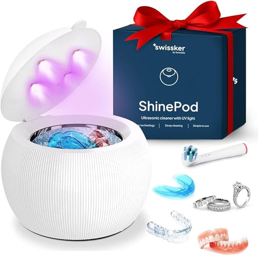 Swissklip ShinePod Ultrasonic Dental Cleaning Pod | Ultrasonic Retainer Cleaner Machine | Mouth Guard Cleaner| Night Guard Cleaner| Aligner Cleaner | Denture Cleaner - White