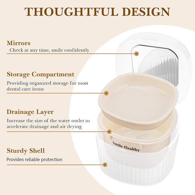 Denture Bath Case with Mirror, False Teeth Container Cups Holder for Storage Soaking Travel Cleaning, Mouth Guard Retainer Case Kit with Strainer Basket, Removal Tool and Cleaning Brush (White)