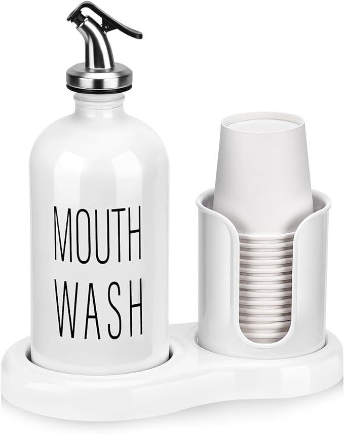 Mouthwash Dispenser for Bathroom,BYAWAY Mouthwash Dispenser with Cup Holder,14 Mouthwash Cups and Funnel,Refillable Glass Mouthwash Container (White)