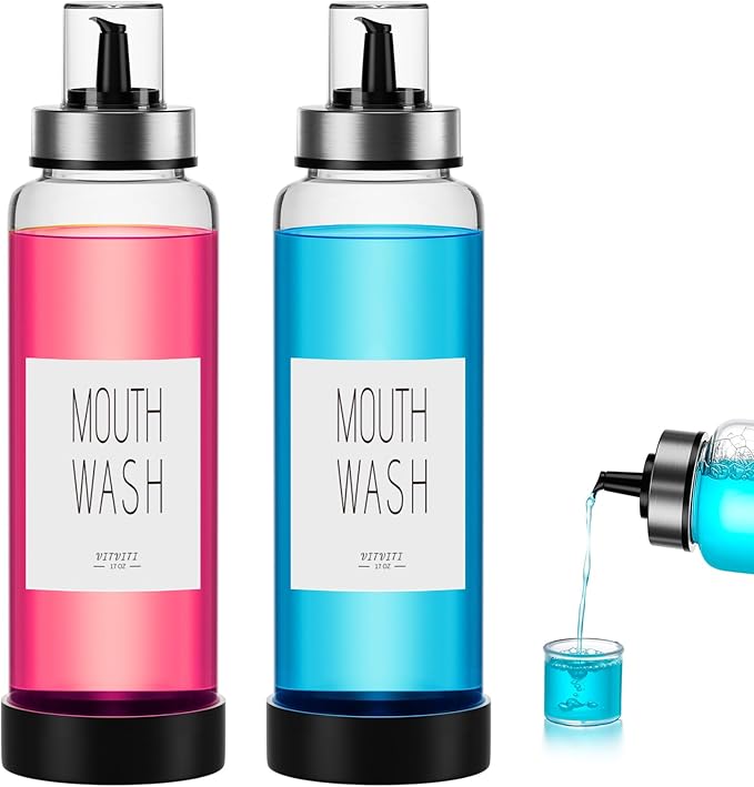 VITVITI Mouthwash Dispenser for Bathroom, Glass Mouth Wash Container with Cup Lid, 17OZ Clear Refillable Mouthwash Bottle Decanter with Silicone Pad/Labels, Set of 2