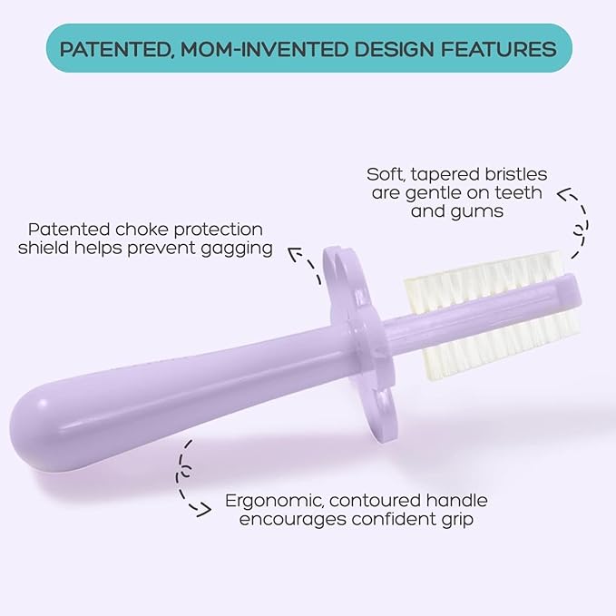 grabease Baby Toothbrush Double-Sided - Training Set with Silicone Finger Brush & Toddler Toothbrush - Safety Tray & Soft Bristles - Pack of 2, Lavender/Yellow