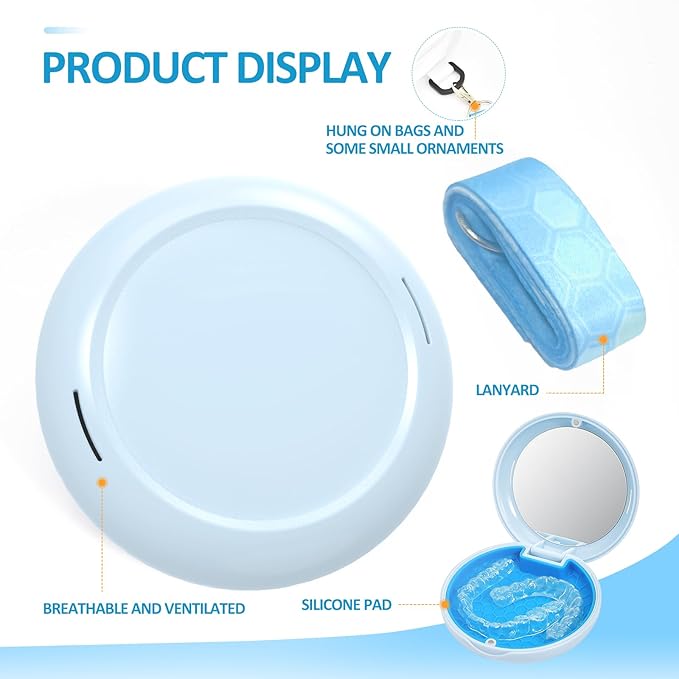 Retainer Case with Mirror and Lanyard,Slim Aligner Case with Vent Holes,Cute Dental Brace Box with Retainer Removal Tool and Brush (Blue with Lanyard)