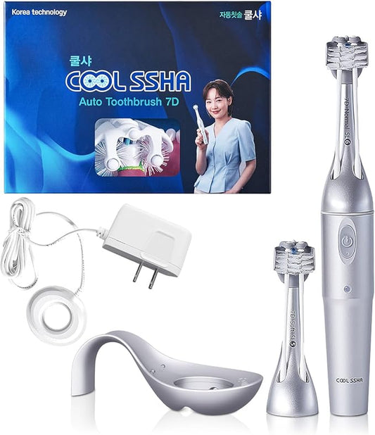 Korean Dual-Action Toothbrush Set - Premium Soft Bristle 3 Head Silver Handle for Deep Cleaning Teeth & Gums