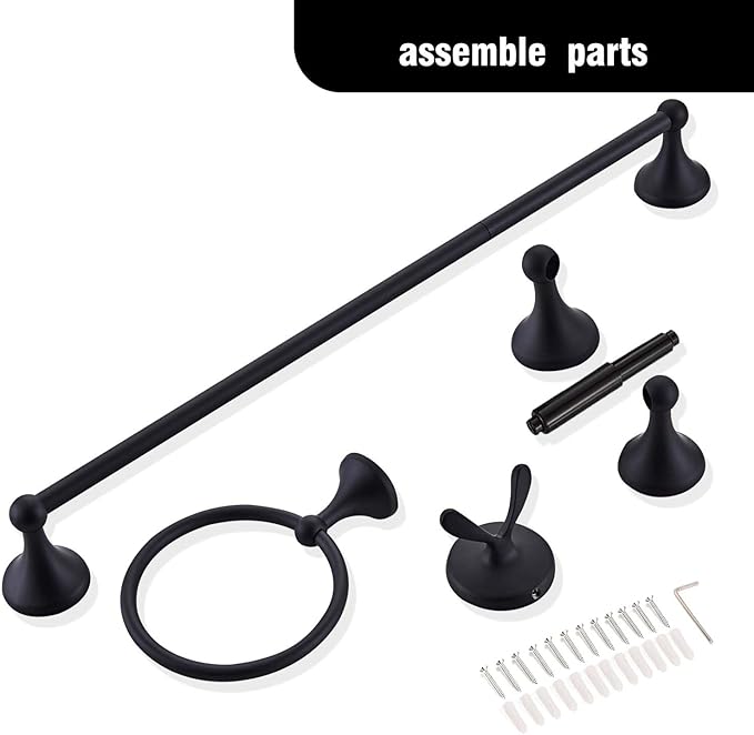 Matt Black Bathroom Accessory Set, Adjustable Towel Bar,Towel Ring,Toilet Paper Holder,Robe Hook 4-Piece Bathroom Hardware Set Wall Mounted (Matt Black)