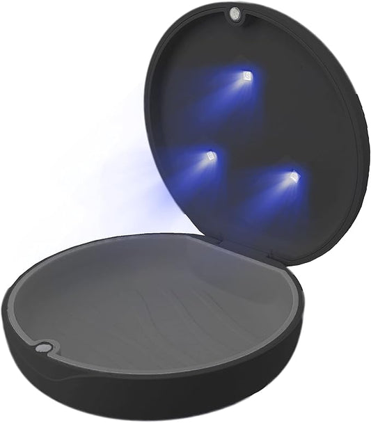 UV Retainer Case for Invisalign, Aligners, Dental Braces, Mouth Guard, Dentures and Night Guard - Small and Portable UV Retainer Cleaner Case with UVC Lights (Black & Gray)