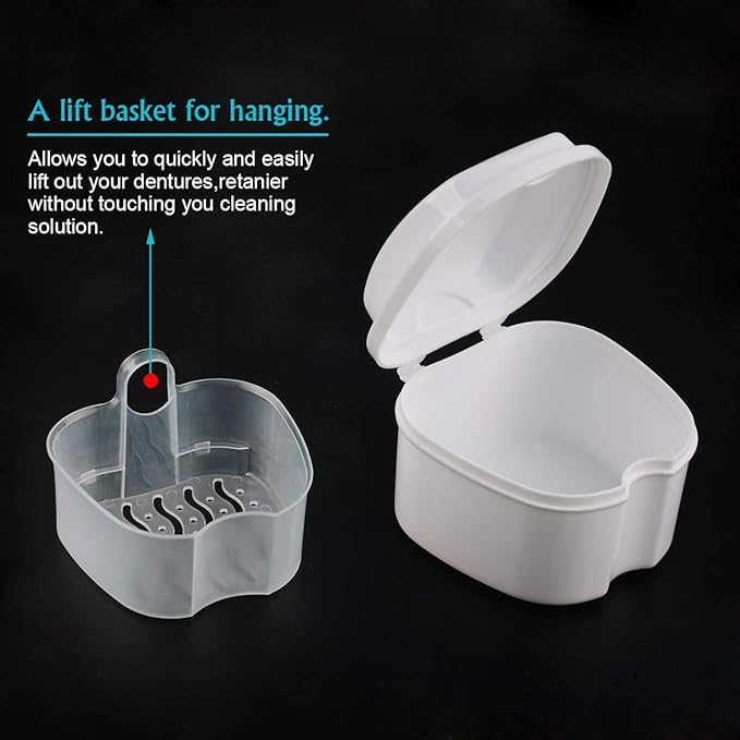 Denture Case, Denture Cup with Strainer, Coolrunner Denture Bath Box False Teeth Storage Box with Basket Net Container Holder for Travel, Retainer Cleaning