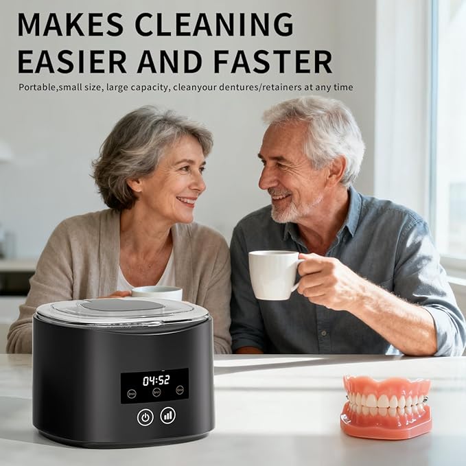 Ultrasonic denture cleaner, Retainer Cleaner Machine for Dentures, Mouth Guards, Braces, Toothbrush Heads, Jewelry, 45kHz Retainer Cleaning, 3 Modes for All Denture Appliances (Black)