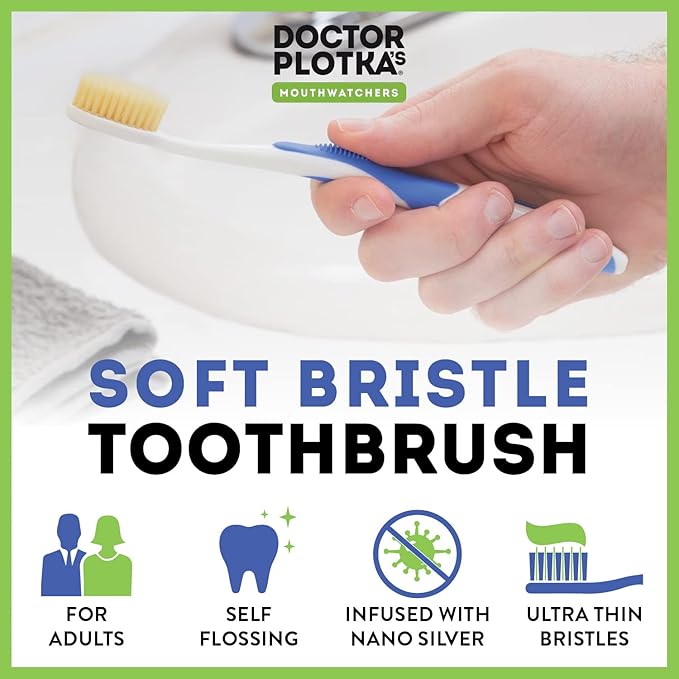 MOUTHWATCHERS Soft Flossing Toothbrushes for Adults, Value 6 Pack, Ultra Clean Manual Toothbrush Set for Sensitive Teeth & Gums, by Dr. Plotka, Assorted Colors
