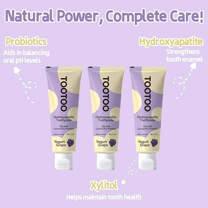TooToo Kids Hydroxyapatite Toothpaste with Xylitol, Fluoride Free and SLS Free Toddler Natural Toothpaste, Yogurt Grape Flavor, Safe Kids Oral Care(Pack of 1)