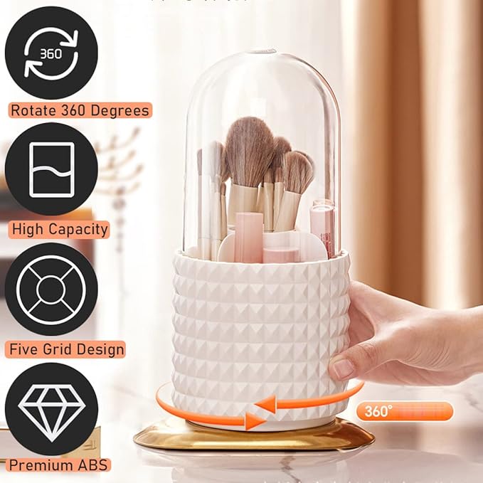 Makeup Brush Holder Organizer with Lid,360° Rotating Dustproof Make Up Brushes Container with Clear Acrylic Cover, Spinning Cosmetics Holders Storage Cup with 5 Compartment for Vanity and Bathroom