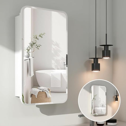 Rectangle Medicine Cabinet with Beveled Edge Mirror, No-Assembly Bathroom Wall Cabinet with Mirror, Adjustable Shelves, Tissue Slot, Recessed or Surface Mount (28" H x 16" W)
