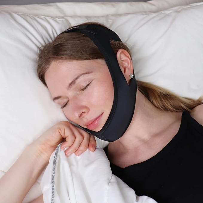 Chin Strap for Cpap Users - Adjustable Snore Stopping Device Face Mask Bandage Keeping Mouth Closed - Anti Snoring Sleep Aid Solution - Skin-Friendly Comfortable Sleeping (Black)