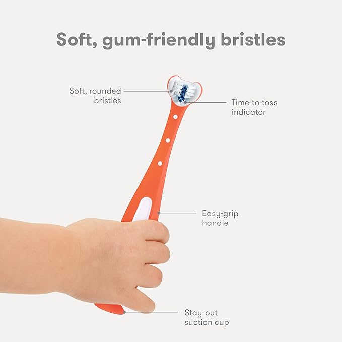 Frida Baby Triple-Angle Toothhugger Training Toddler Toothbrush | Toddler Toothbrush 2 Years and Up, Cleans All Sides at Once | 2 Pack (Pink + Blue)