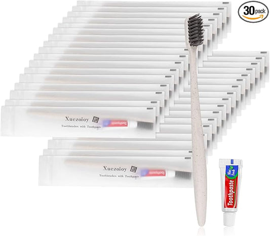 Xuezoioy Disposable Toothbrushes with Toothpaste,30 Pack Apricot Individually Wrapped Disposable Travel Toothbrushes Kit in Bulk for Homeless,Nursing Home,Hotel,Charity