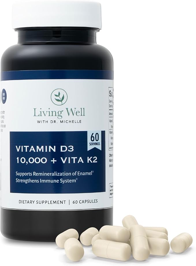 Living Well with Dr. Michelle Vitamin D3 10,000 IU with K2 – Immune, Teeth, Bone Health Support, Non-GMO, Gluten & Dairy Free, 60 Day Supply, 60 Capsules