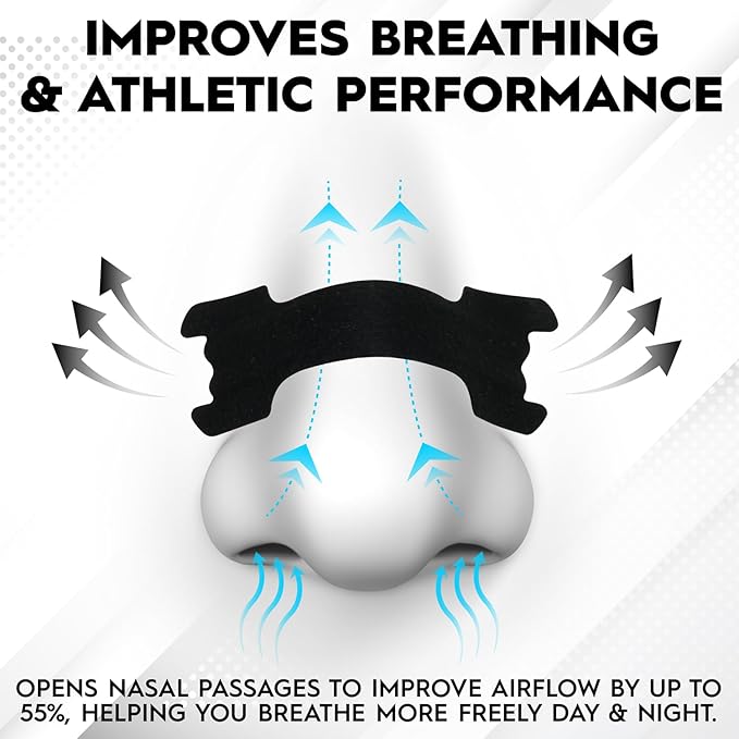 Performance Nose Strips for Breathing (90 Count) - Oil & Sweat Proof Adhesive - Athletic Nasal Strips for Snoring & Sleeping - Black, Extra Strength, Wide Body, Universal Fit