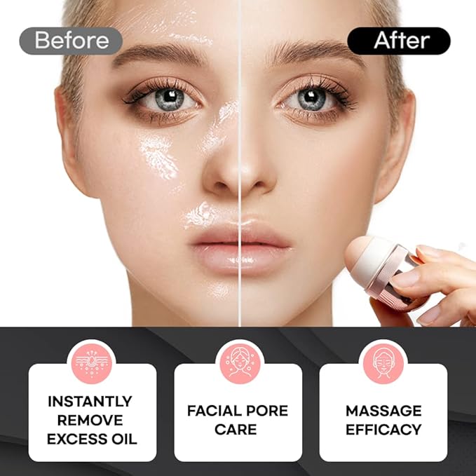 Korean Beauty Oil-Absorbing Volcanic Face Roller, Portable and Reusable Skincare Tool for Oily Skin, Shine Control, Oil Absorber tool for Face (Rose Gold)