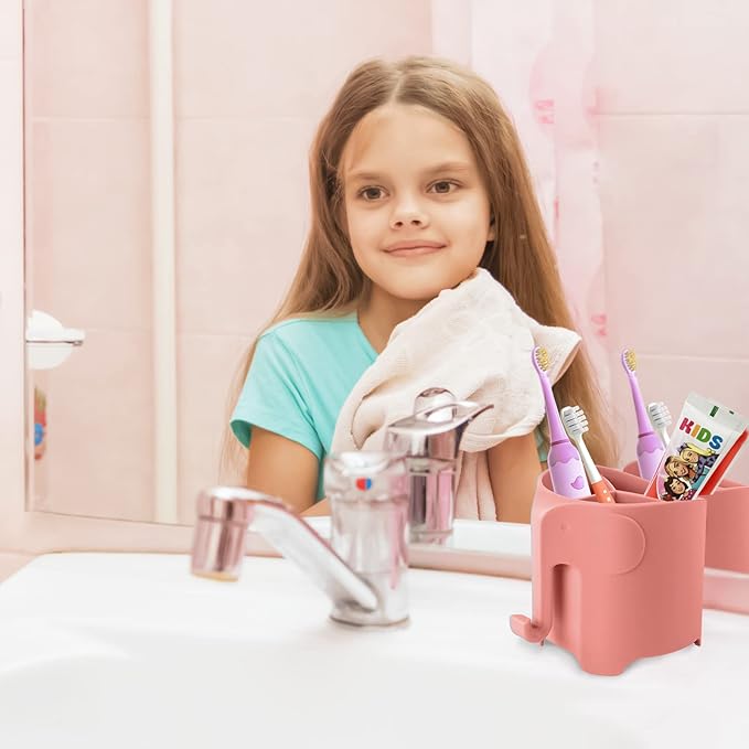 RyanLemon Elephant Toothbrush Holder for Toddler, Suction Cup Cute Toothbrush Holder for Kids, for Bathroom, with 3 Slots and 1 Hook, Watermelon Red
