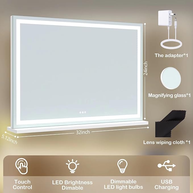 Makeup Vanity Mirror with Lights 32" x 24" Large LED Makeup Mirror, Light up Mirror with 10X Magnification and USB Charging Port, with Dimmable 3 Modes, Touch Screen Control Round Black