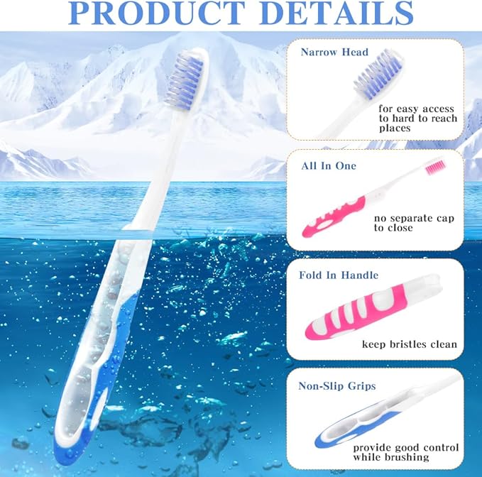 Travel Toothbrush, 4PCS Portable Travel Toothbrush Set,Mini Tooth Brush Built in Cover Soft Travels Size Folding Toothbrushs Individually Wrapped ToothBrushes for Adults Kids Hiking Camping Traveling