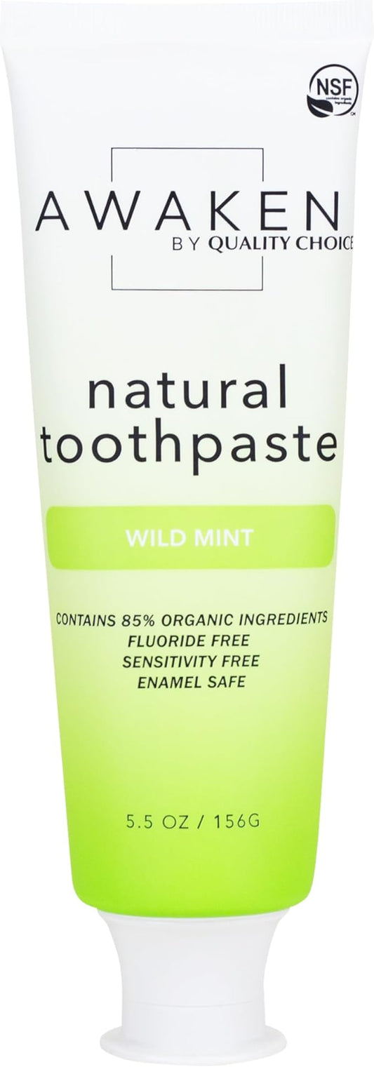 Awaken by Quality Choice Natural Toothpaste, Fluoride Free, Enamel Safe, Sensitivity Free, 85% Organic Ingredients, Wild Mint, 5.5 OZ