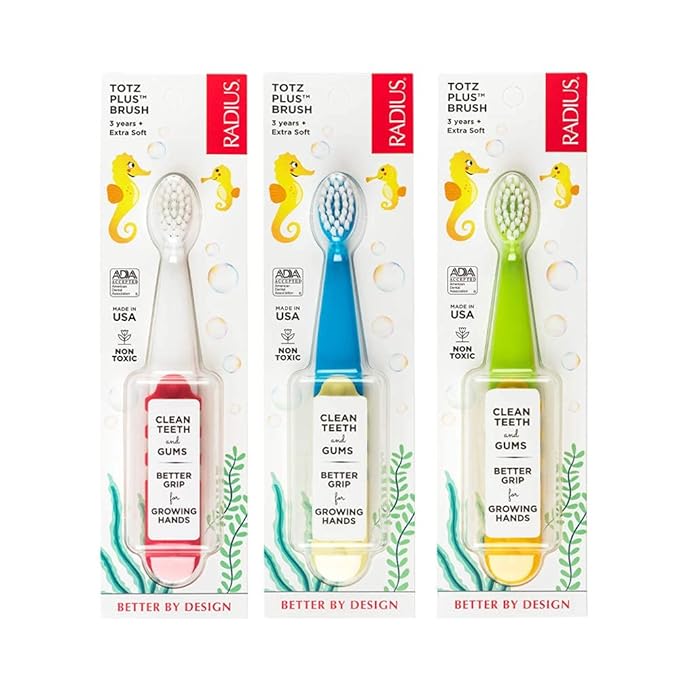 RADIUS Totz Plus Brush Kids Toothbrush Silky Soft BPA Free ADA Accepted Designed for Delicate Teeth & Gums for Children 3 Years & Up - Assorted - Pack of 3