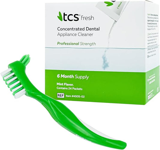 TCS Fresh Concentrated Dental Appliance Cleaner Set, Professional Denture and Retainer Cleaner Powder with Soft Bristle Brush (24 Packets, 6 Month Supply, Mint Flavor)