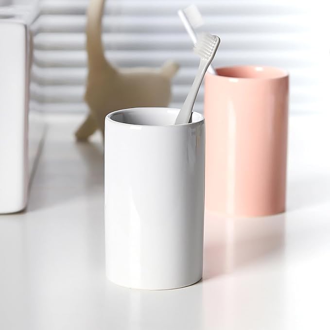 White Ceramic Toothbrush Holders, Bathroom Tumbler Cups,Toothbrush Cup, Bathroom Counter Organizer(300ml)