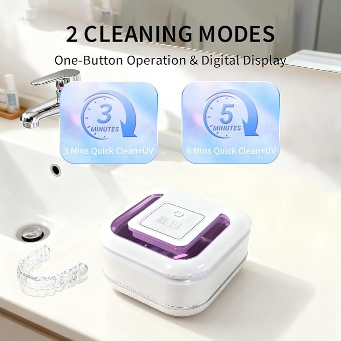 Ultrasonic Retainer Cleaner Machine, 42kHz Compact dental pod with Digital Timer, Deep Clean for Retainers, Aligners, Dentures, braces & Jewelry, Portable for Home & Travel (White)
