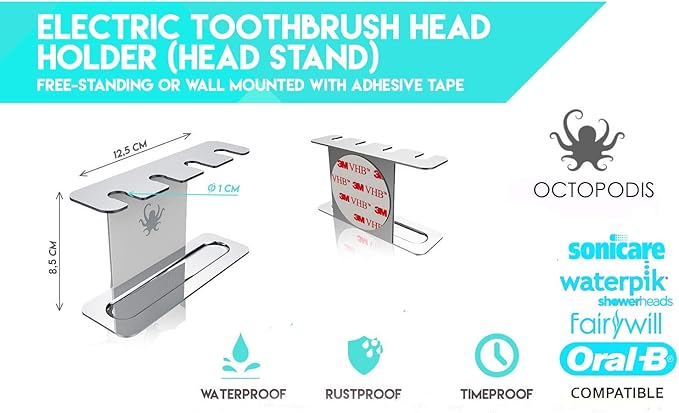 Stainless Steel Electric Toothbrush Head Holder, Compatible with Oralb Braun, Sonicare, Waterpik, Adhesive or Free-Standing Installation