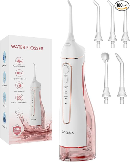 Cordless Portable Water Flosser with 300ML Tank: Rechargeable Oral Irrigator with 5 Tips for Travel, Braces Care and Sensitive Gums, IPX7 Waterproof Teeth Cleaning Device(Pink)