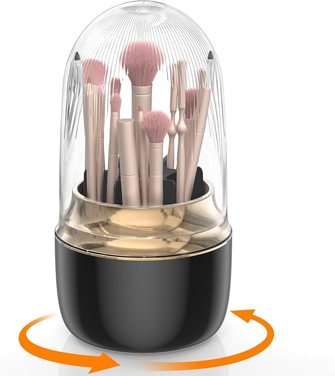 Makeup Brush Holder 360 Rotating, [Upgrade & with Cover] Makeup Brush Organizer for Vanity Countertop Bathroom (Black)