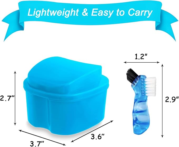 Keedolla 2 Pack Cute Denture Cups Denture Bath Container for Soaking False Teeth, Denture Storage Container Soaking Bath Case with 2 Brush - Blue and White