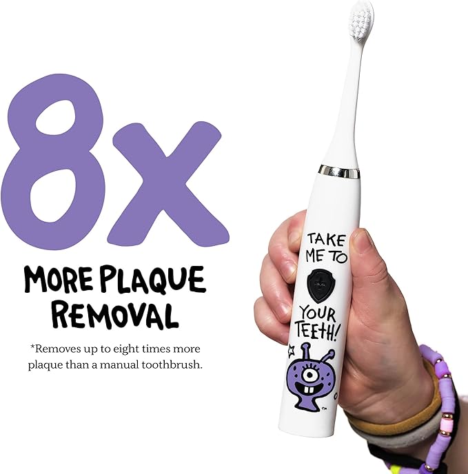 Made by Dentists Kids Electric Toothbrush - Rechargeable Vibrating Toothbrush with Timer, Includes 6 Replacement Heads, Halloween Gifts for Kids, Girls and Boys, Kid & Toddlers Age 2+, Alien