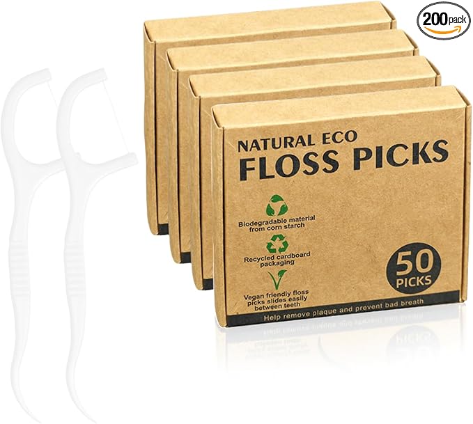 Biodegradable Dental Floss Picks for Kids & Adults - 200 PCS Vegan and Eco Friendly Plant Based Tooth Floss Picks, Thin, Durable Floss for Tight Spaces, Gentle on Gums (White)