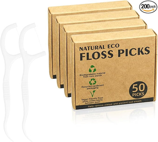 Biodegradable Dental Floss Picks for Kids & Adults - 200 PCS Vegan and Eco Friendly Plant Based Tooth Floss Picks, Thin, Durable Floss for Tight Spaces, Gentle on Gums (White)