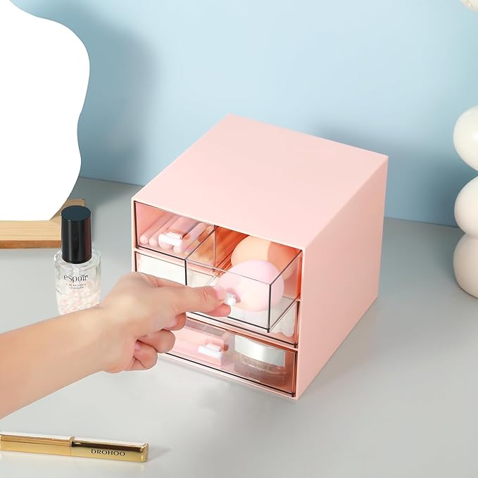 Makeup Organizer with 4 Drawers, Desk Organizer, Cosmetics Storage Box for nail polish, Lipstick, Brushes, Jewelry, Skincare, Bathroom Organization Boxes - Pink