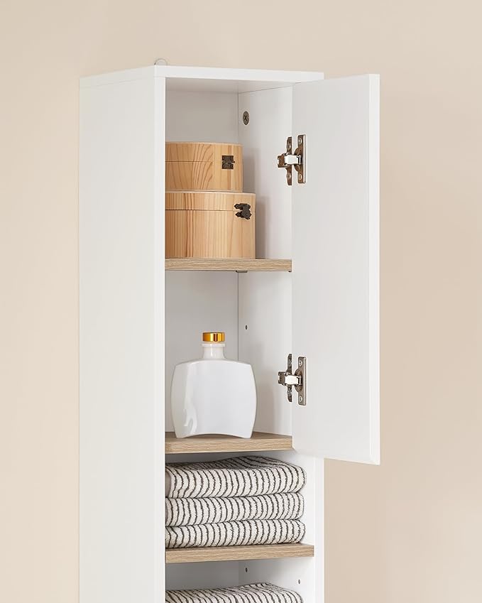 SoBuy Bathroom Narrow Storage Cabinet Skinny Tall Unit with Adjustable Shelves Slender Anti-Tipping Floor Standing Cupboard, White & Natural BZR34-WN