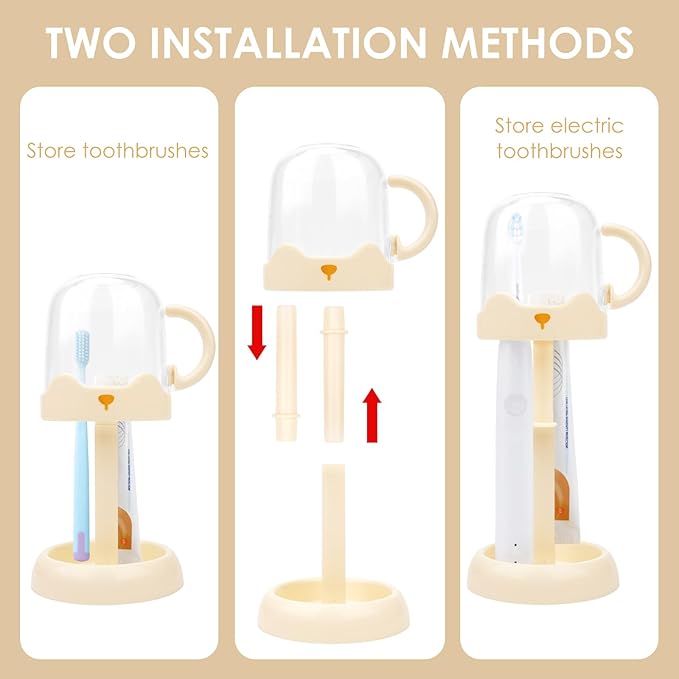 Adjustable Electric Toothbrush Holder with Cup - Height Adjustable Stand Organizer for Bathroom Vanity, Fits Manual & Electric Brushes, Toothpaste Storage (Cream)