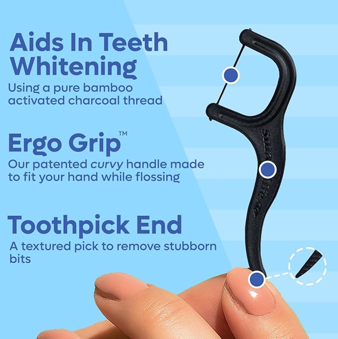 SmartLifeco Eco-Friendly Dental Floss Picks (100ct) - Flossers Made with Straw Wheat Blend, Natural Teeth Whitening, Tooth Pick Stick for Adults, Soft on Gums, Activated Bamboo Charcoal Floss Thread