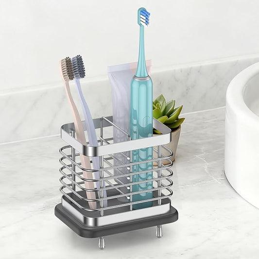 Toothbrush Holders for Bathroom, Adhesive Electric Toothbrush Holder with Fast Dry Tray Wall Mounted Toothbrush Holder Shower Toothpaste Bathroom Organizer Essentials, 2 Slots, Silver